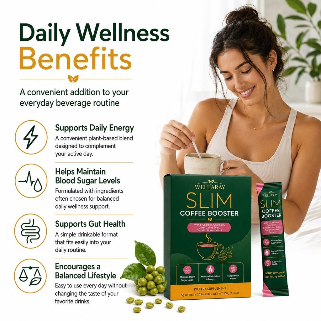 Wellaray Slim Coffee Booster Verpackung und Portionssticks im Alltag